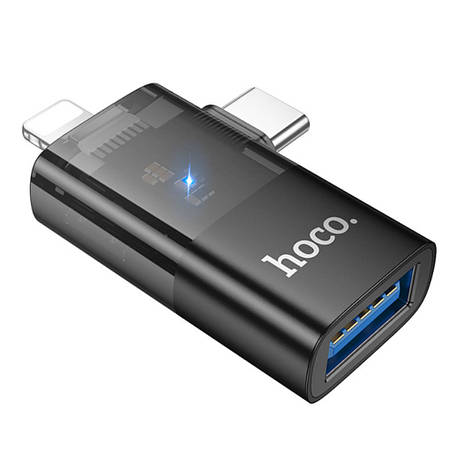 Адаптер Hoco UA36E iP male/Type-C male to USB female OTG 2-in-1 transparent adapter Black, фото 1