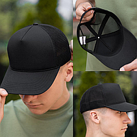 Кепка черная мужская бейсболка тракер с сеткой коттоновая с регулятором размера универсальная без лого Pobedov