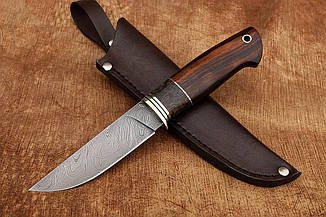 Ніж нескладний для полювання ручної роботи Каракурт 2 дамаська сталь 60 HRC, зі шкіряним чохлом у комплекті