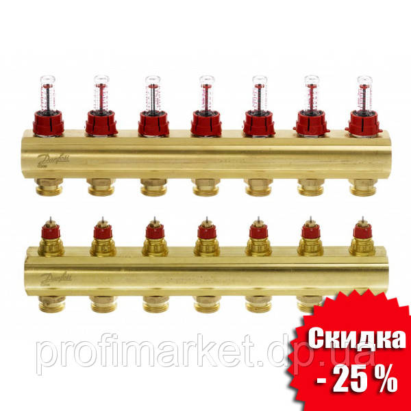Колектор для теплої підлоги 7+7 з витратами FHF-7F Danfoss, фото 1