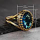 Вінтажна золотиста каблучка з великим синім овальним кристалом розмір 17, фото 5