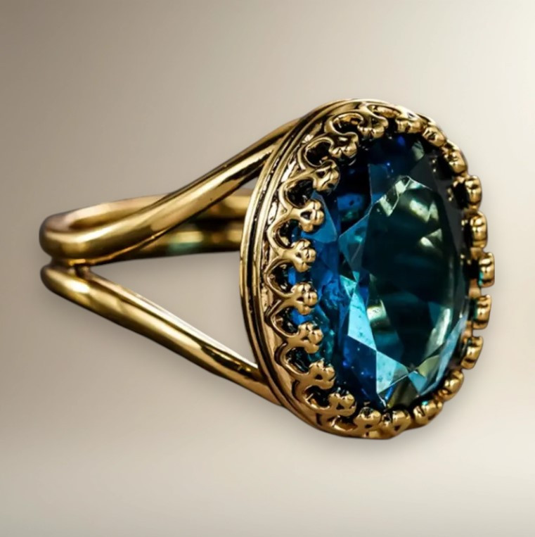 Вінтажна золотиста каблучка з великим синім овальним кристалом розмір 17, фото 1
