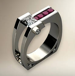 Срібляста квадратна каблучка з червоними кристалами розмір 19