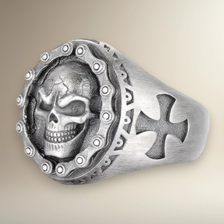 Сріблястий готичний перстень Череп і Мальтійський Хрест із ланцюгами размер регулювальний, фото 1