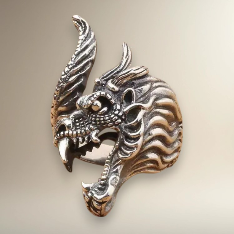Каблучка срібляста дракон з відкритою пащею чоловіча регульована IgnisFlos934, фото 1
