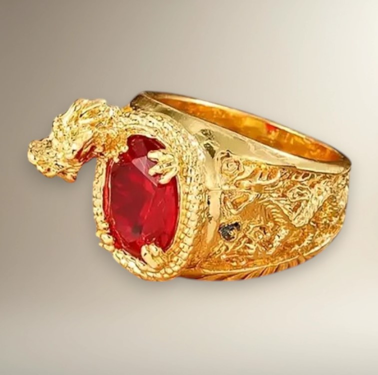 Каблучка золотиста дракон з червоним рубіном-фіанітом масивна 20 розмір IgnisFlos912, фото 1