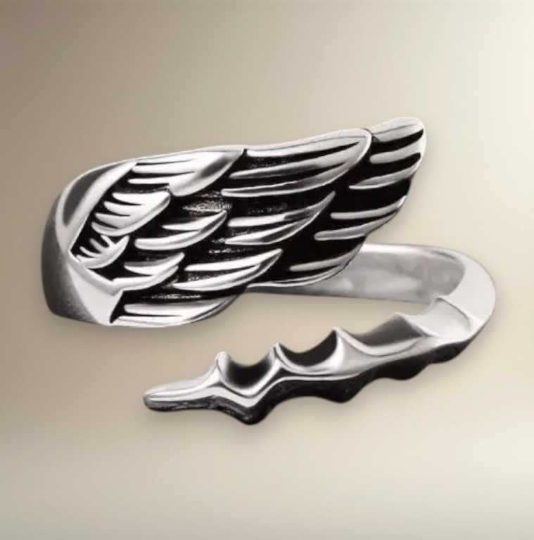 Каблучка срібляста стиль Відродження з ангельським крилом регульована IgnisFlos728, фото 1