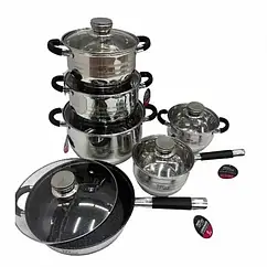 Набір посуду Zepline ZP-115 з нержавіючої сталі 12 предметів чорний червоний