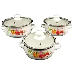 Набір емальованих каструль A-plus 2056 6 предметів нержавіюча сталь білий з жовтими квітами