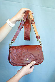 Авторська сумка із італійської преміальної шкіри. Маленька шкіряна сумка на плече рудо-коричнева Плин Часу