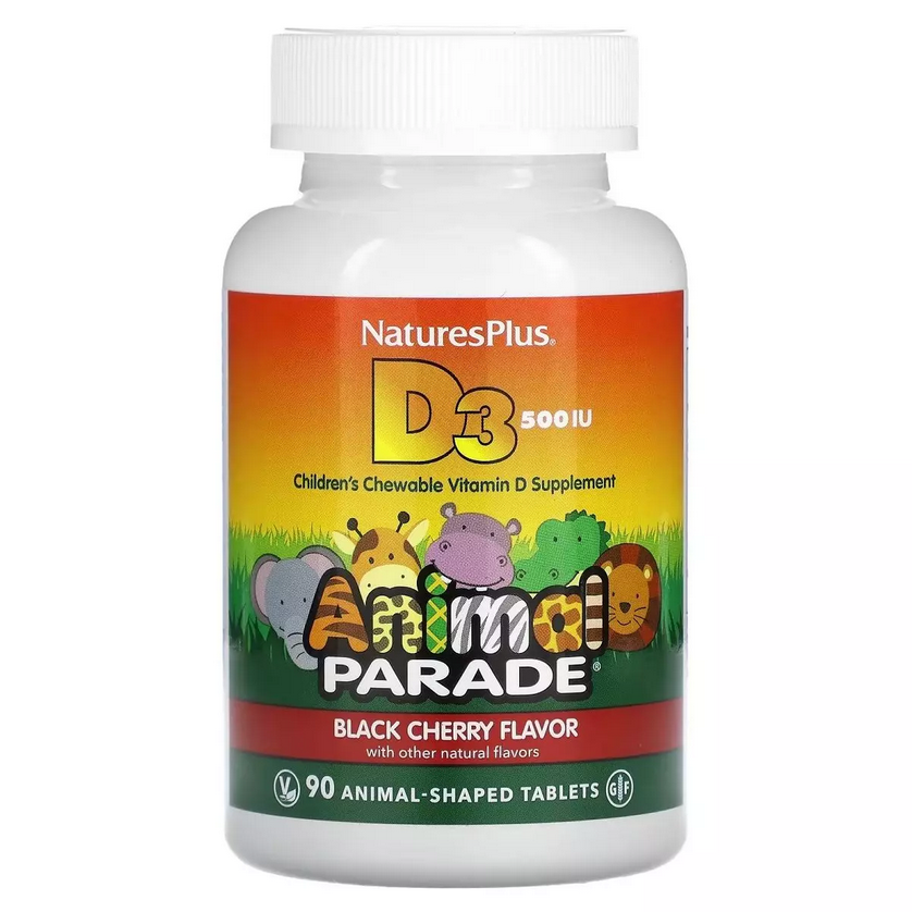 Вітамін D3 500 МО для дітей, Смак Чорної Вишні, Animal Parade, Natures Plus, 90 жувальних таблеток