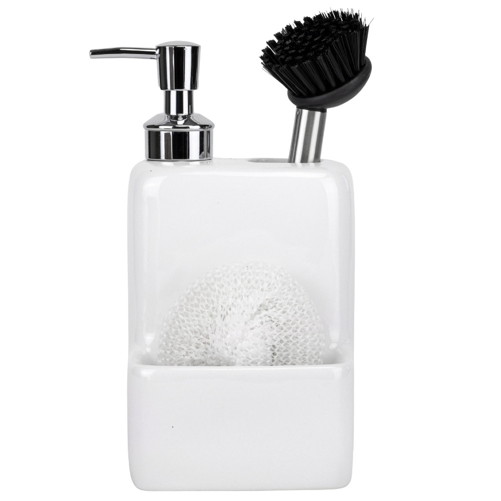 Диспенсер на кухню з губкою та щіткою 11х11х20 см кераміка 9190-040 білий