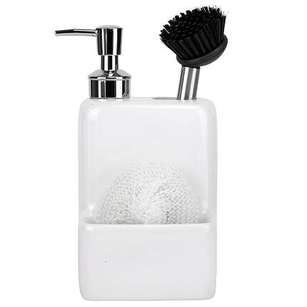 Диспенсер на кухню з губкою та щіткою 11х11х20 см кераміка 9190-040 білий, фото 1