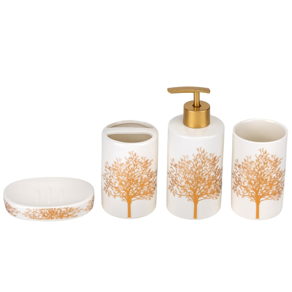 Набір для ванної кімнати 4 предмети Золоте дерево кераміка 9190-016 білий