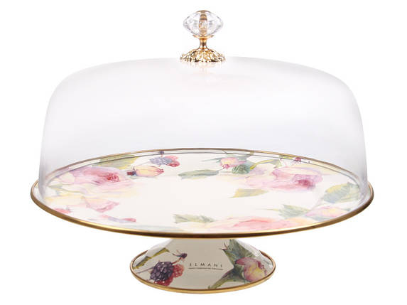 Тортівниця емальована з кришкою на ніжці Elmani Півонії 30 см 763-007, фото 1