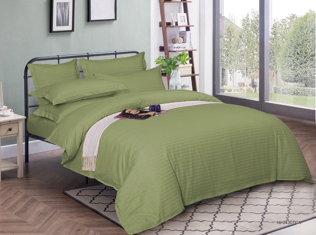 Світла тканина 220 см для постільної білизни, однотонний страйп-сатин смужка оливкового кольору, у рулоні (50 м)