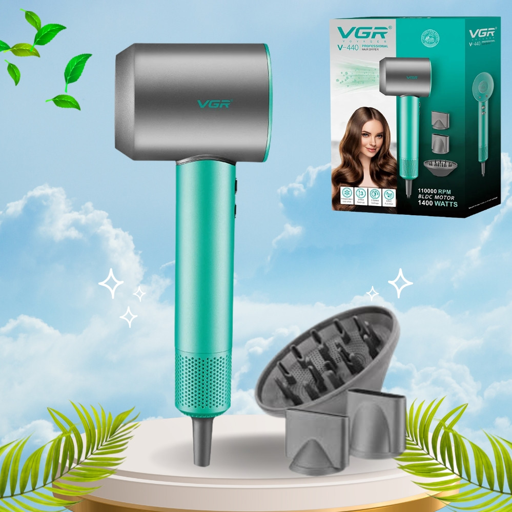 Фен для волосся 3в1 VGR V-440 Стайлер з магнітними насадками для швидкого сушіння та укладання волосся 1400W Зелений, фото 1