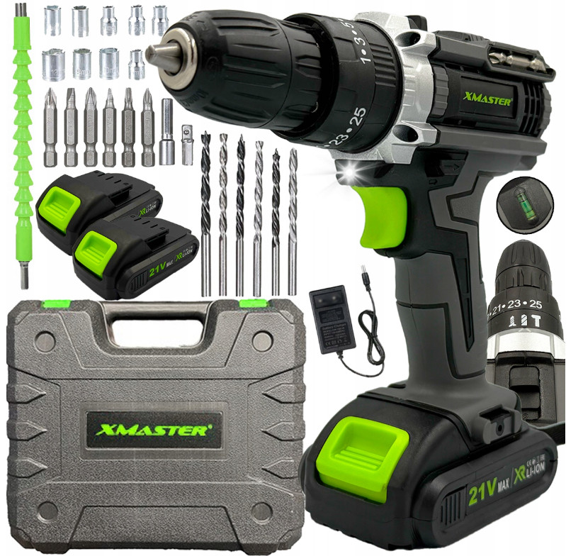 Акумуляторний дриль-шуруповерт XMaster, 21V + 2 акумулятори по 2.0Ah, набір біт та насадок.