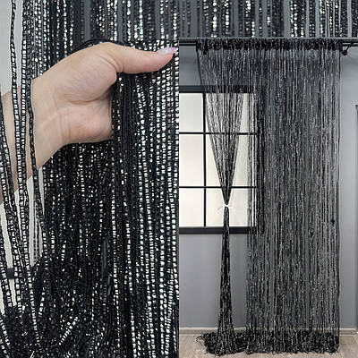 Штори-нитки (1 шт. 3х3 м.) Rovi Premium з люрексом. Колір чорний. Код 61-118