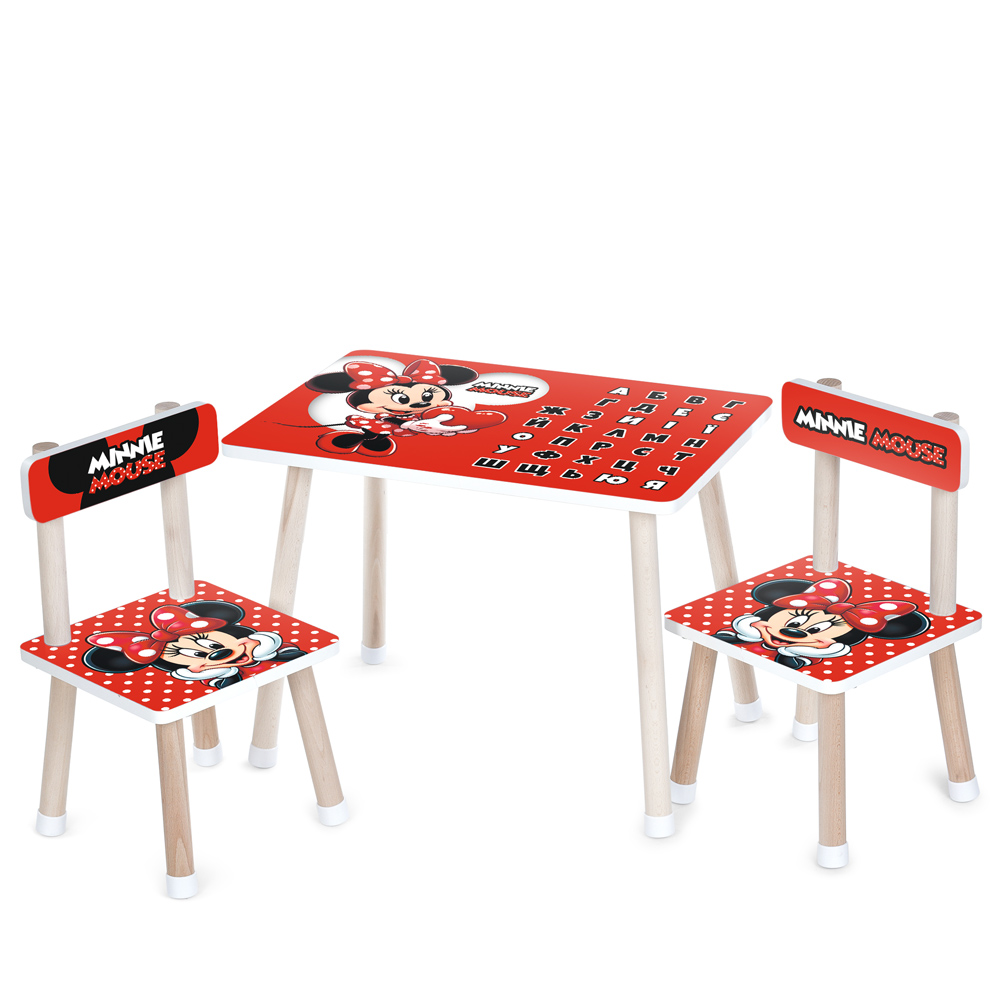 Дерев'яний столик з двома стільцями Bambi Мінні Маус з укр. алфавітом M 501-32 Червоний