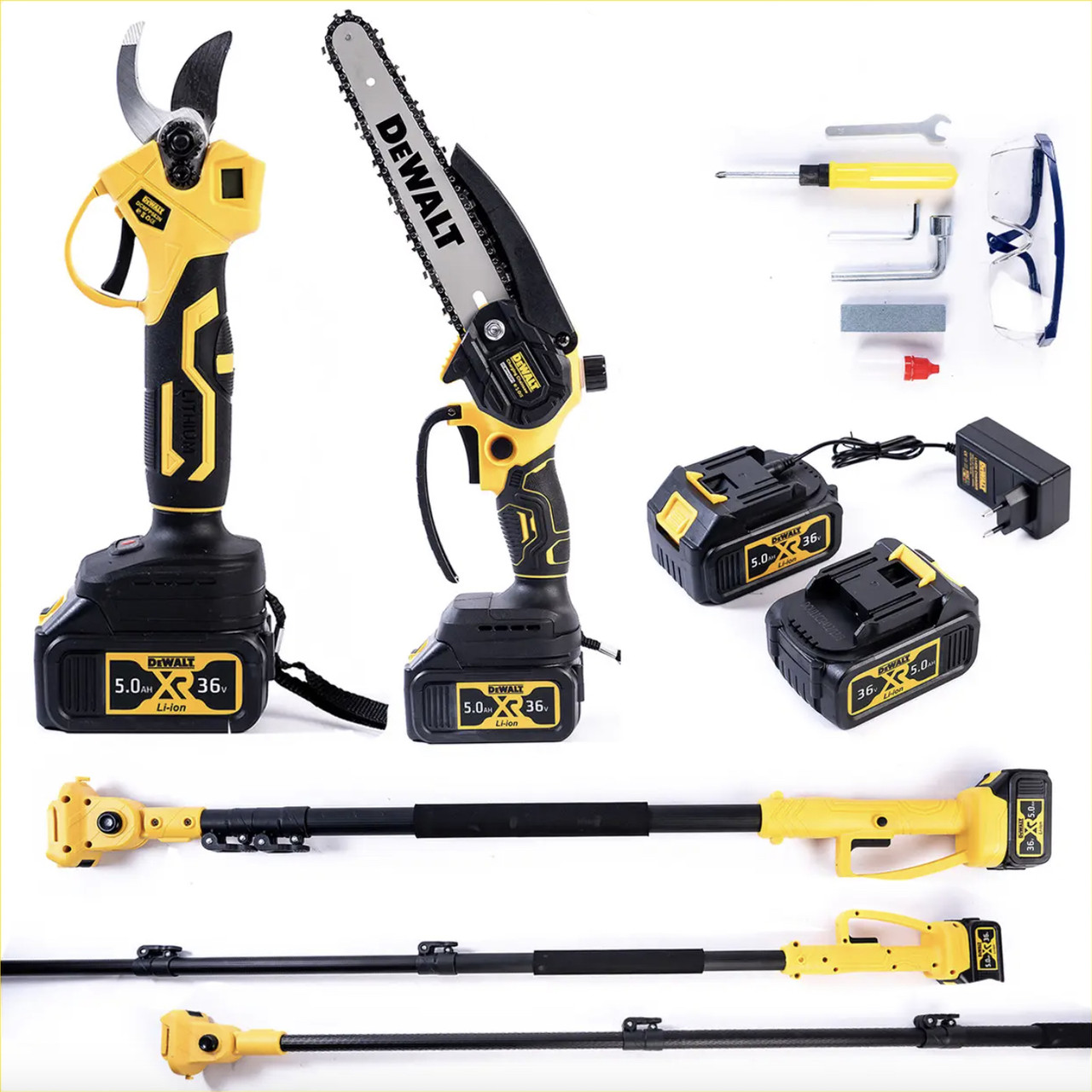 Набір DeWalt 3в1 (36 V 5 Ah) Міні пила DCMPH525P1 + Секатор DCMPP563N + телескопічна штанга 3 м Висоторіз, фото 1