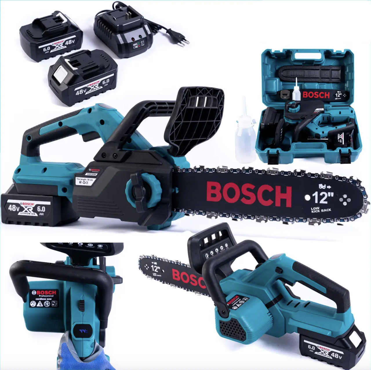 Професійна ланцюгова пила Bosch 48V — 2 акумулятори, гальмо, автозмазка, дисплей, фото 1