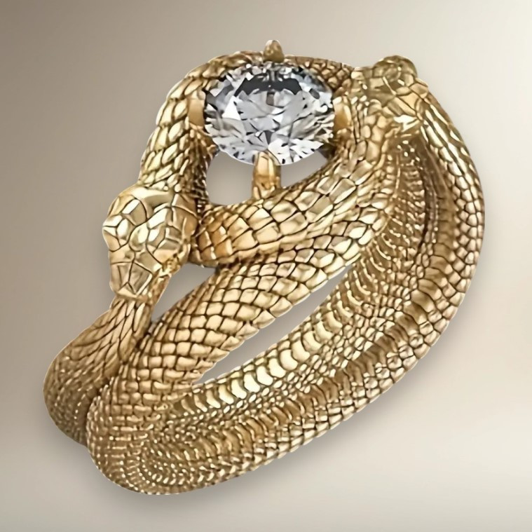 Перстень золотистый чоловічий 3D Дві Змії з синтетичним білим діамантом фіанітом розмір 19 IgnisFlos112, фото 1