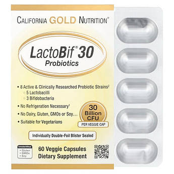 Пробіотики 30 млрд California Gold Nutrition LactoBif для підтримки кишківної мікрофлори 60 рослинних капсул