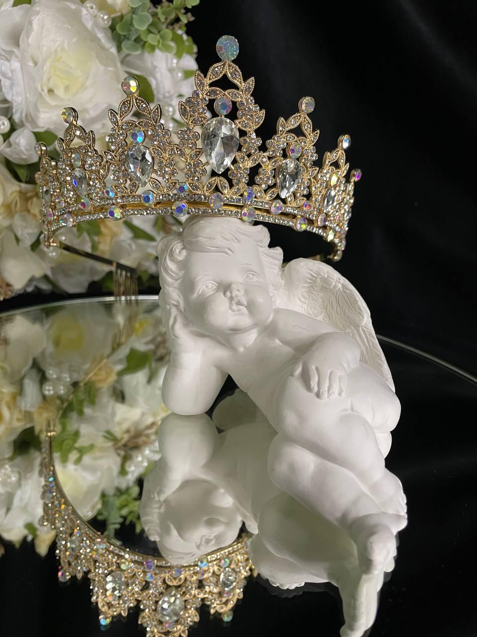 Корона з кристалами Swarovski Золотиста 14х5.5 см Діадема з райдужним блиском Корона з кристалами