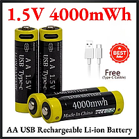 Акумуляторна Li-Ion USB-батарейка AA 1.5V USB Type C 4000mWh + індикатор на корпусі. 2600mAh