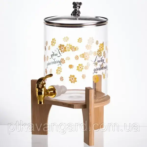 Лимонадниця 3,6 л із краном скляна для напоїв та соків, діспенсер для лимонаду на бамбуковій підставці, фото 1