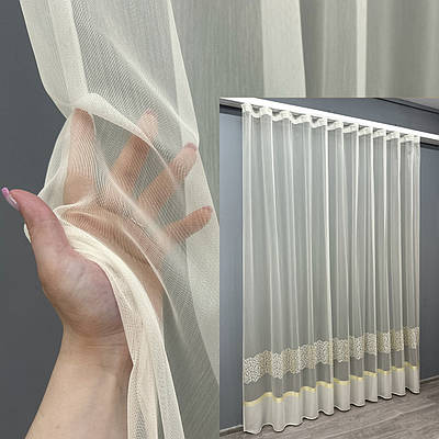 Тюль бамбук з вишивкою та люрексом. Колір молочний з золотистим. Код 1724т