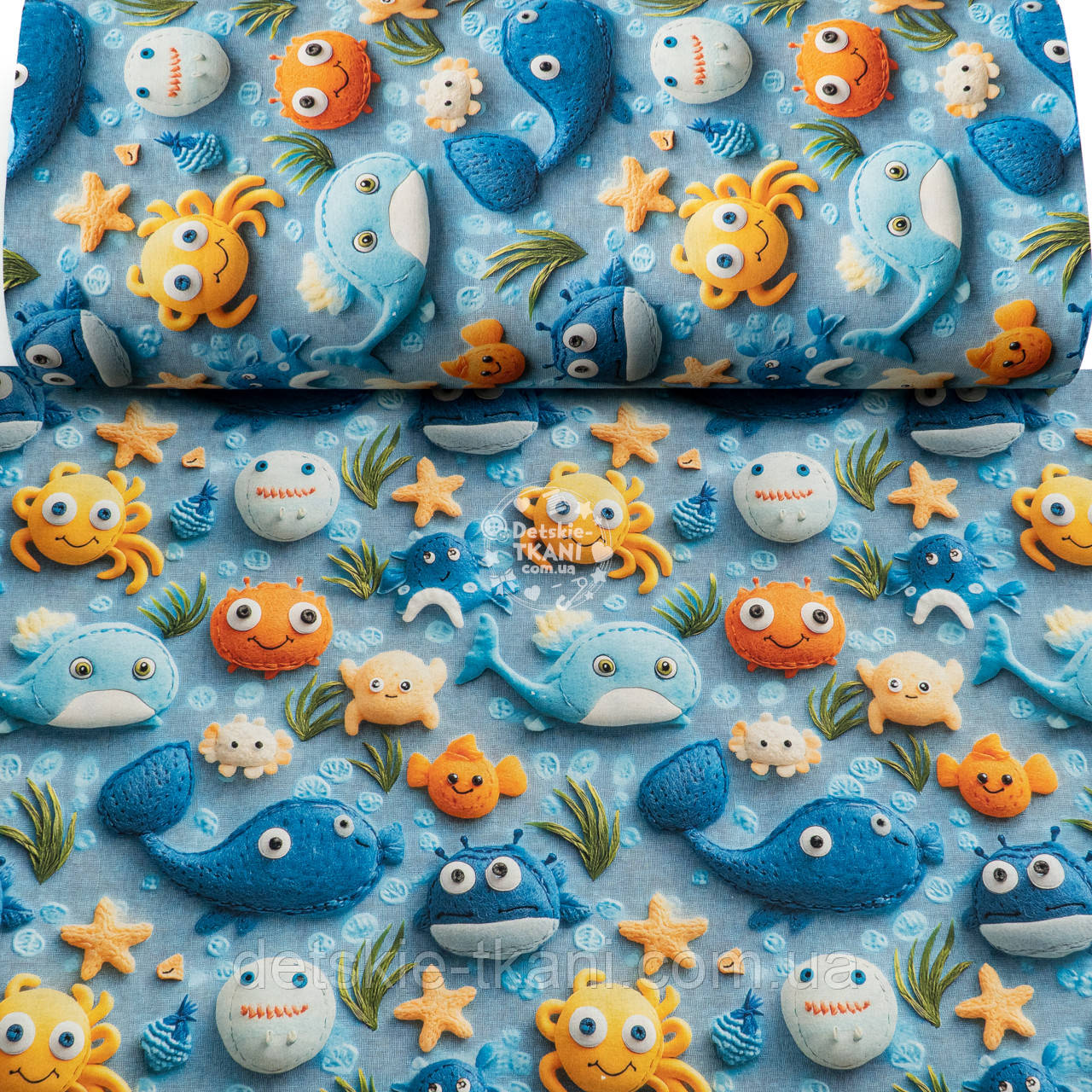 Ранфорс digital з цифровим друком 5D "Краби та кити на блакитному тлі", №5653, фото 1