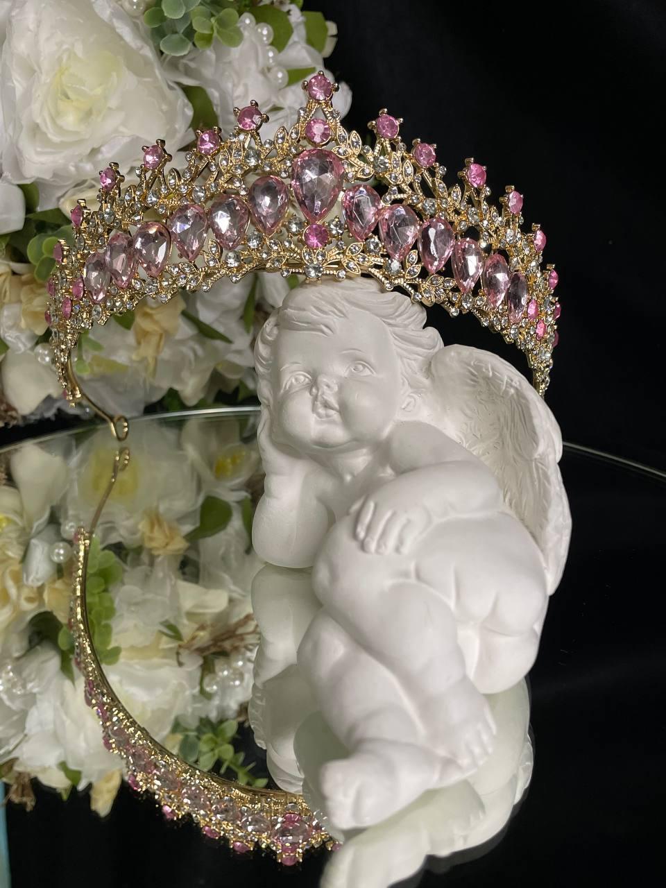 Діадема на петлях з камінням Swarovski Золотиста 15х5 см Діадема з рожевими кристалами
