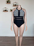 Купальник жіночий 54 суцільний злитий чорний зі смугастим верхом великий розмір, фото 7