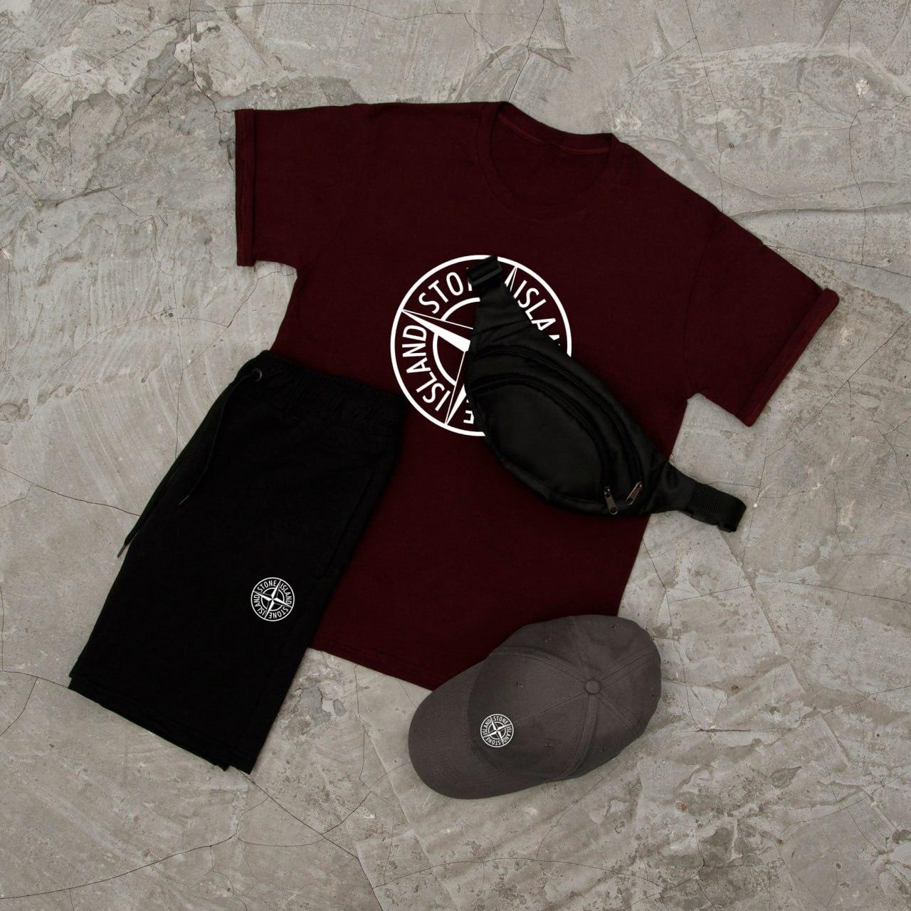 Спортивний костюм чоловічий Stone Island футболка шорти кепка бананка літній комплект стон айленд бордовий