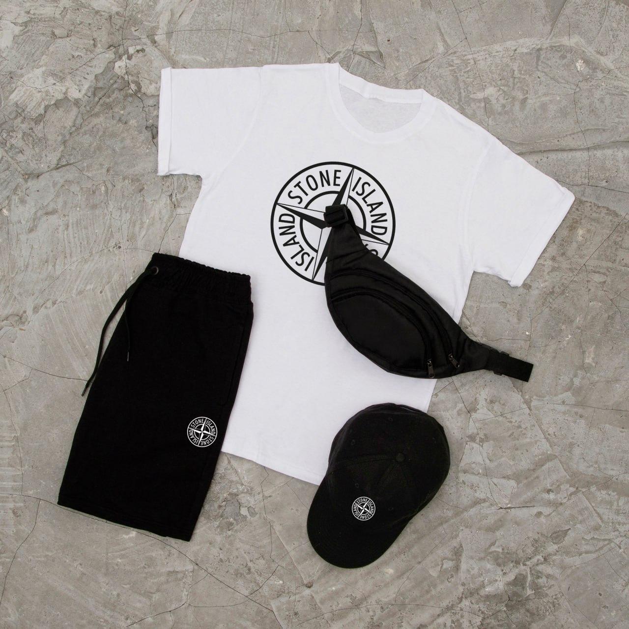 Stone Island костюм чоловічий футболка шорти кепка кепка бананка літній комплект стон айленд чорно-білий