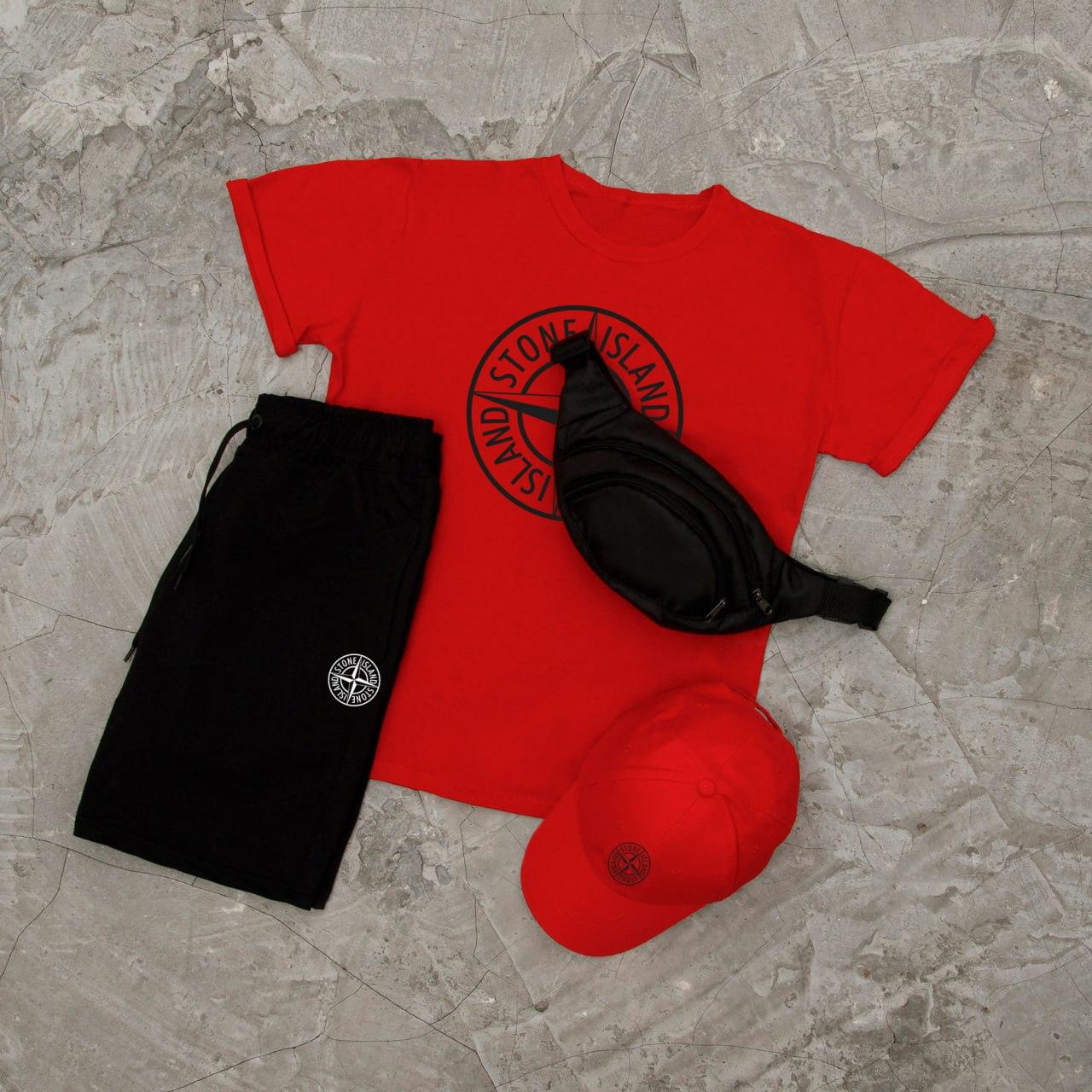 Stone Island спортивний костюм чоловічий шорти футболка кепка бананка літній комплект червоний-чорний