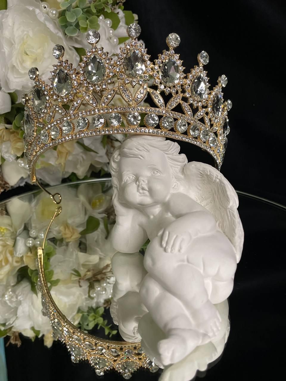 Діадема на петлях з камінням Swarovski Золотиста 14х6 см Весільна діадема з кристалами