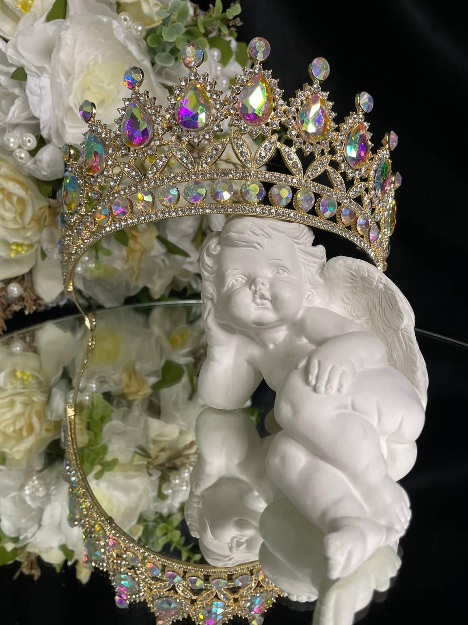 Діадема на петлях з камінням Swarovski Золотиста 14х6 см Діадема з камінням хамелеон Стильна корона