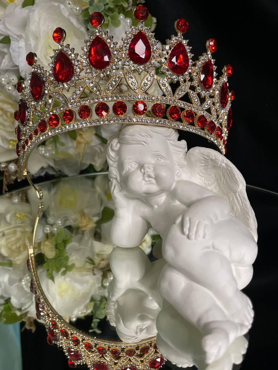 Діадема на петлях з камінням Swarovski Золотиста 14х6 см Тіара з червоним камінням Красива корона для дівчат
