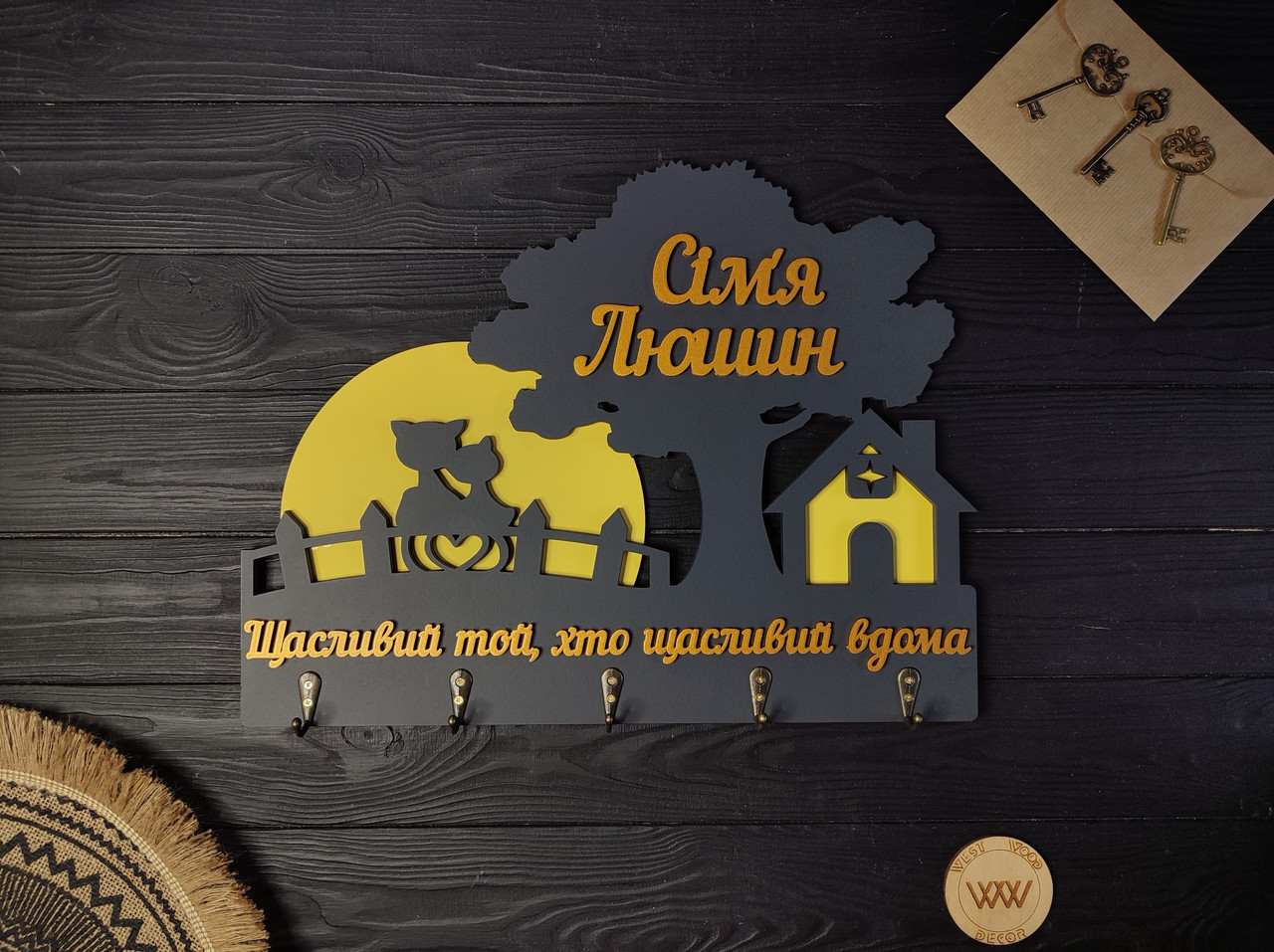 Настінна фамільна ключниця з дерева. Ключниця іменна з будиночком, деревом і котиками під місяцем., фото 1