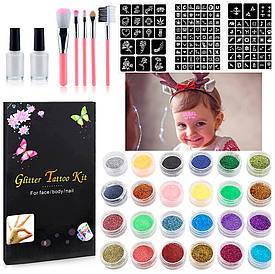 Дитячий набір для тимчасового татуювання  3 листи / 120 шаблонів + блискітки та клей