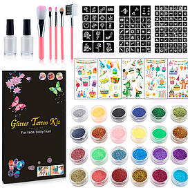 Дитячий набір для тимчасового татуювання  3 листи / 120 шаблонів з блисківками та клейом + мультфільмні наклейки