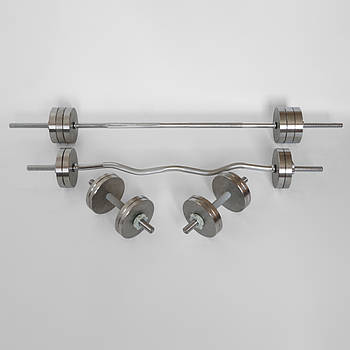 Набір: штанга з прямим та W-подібним грифом і металеві гантелі без покриття, 60 кг