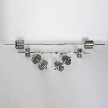 Набір: штанга з прямим та W-подібним грифом і металеві гантелі без покриття, 92 кг