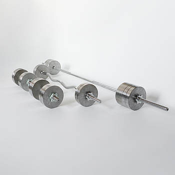 Набір: штанга з прямим та W-подібним грифом і металеві гантелі без покриття, 112 кг