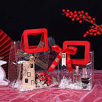 Сумка прозора для квітів і подарунків із червоною ручкою 17х15х8.5 см