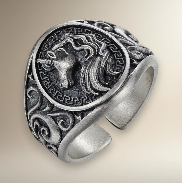 Перстень сріблястий ретро Єдиноріг у давньогрецькому стилі регульований IgnisFlos364, фото 1