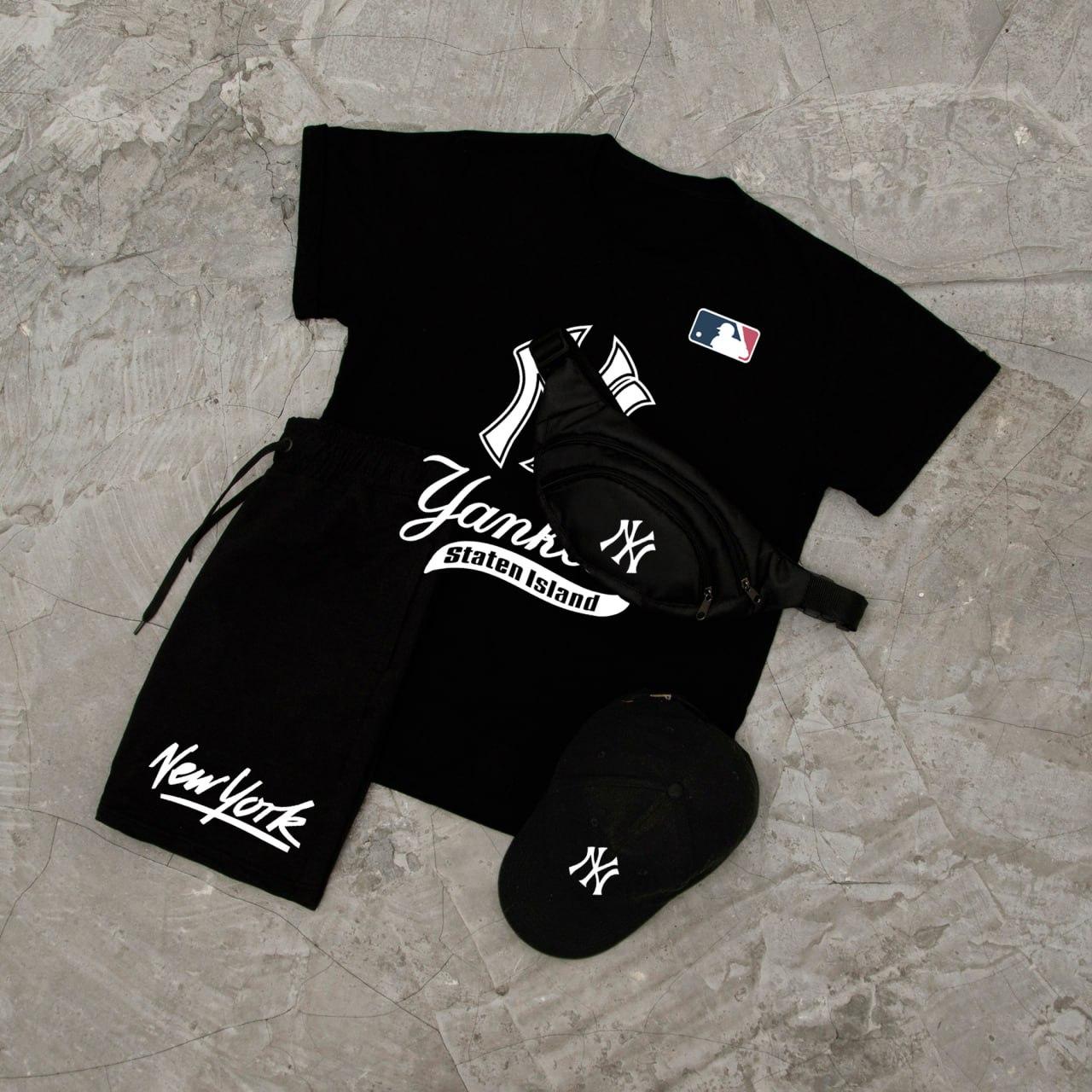 Спортивний костюм чоловічий літній New York Yankees шорти футболка кепка бананка нью йорк чорний